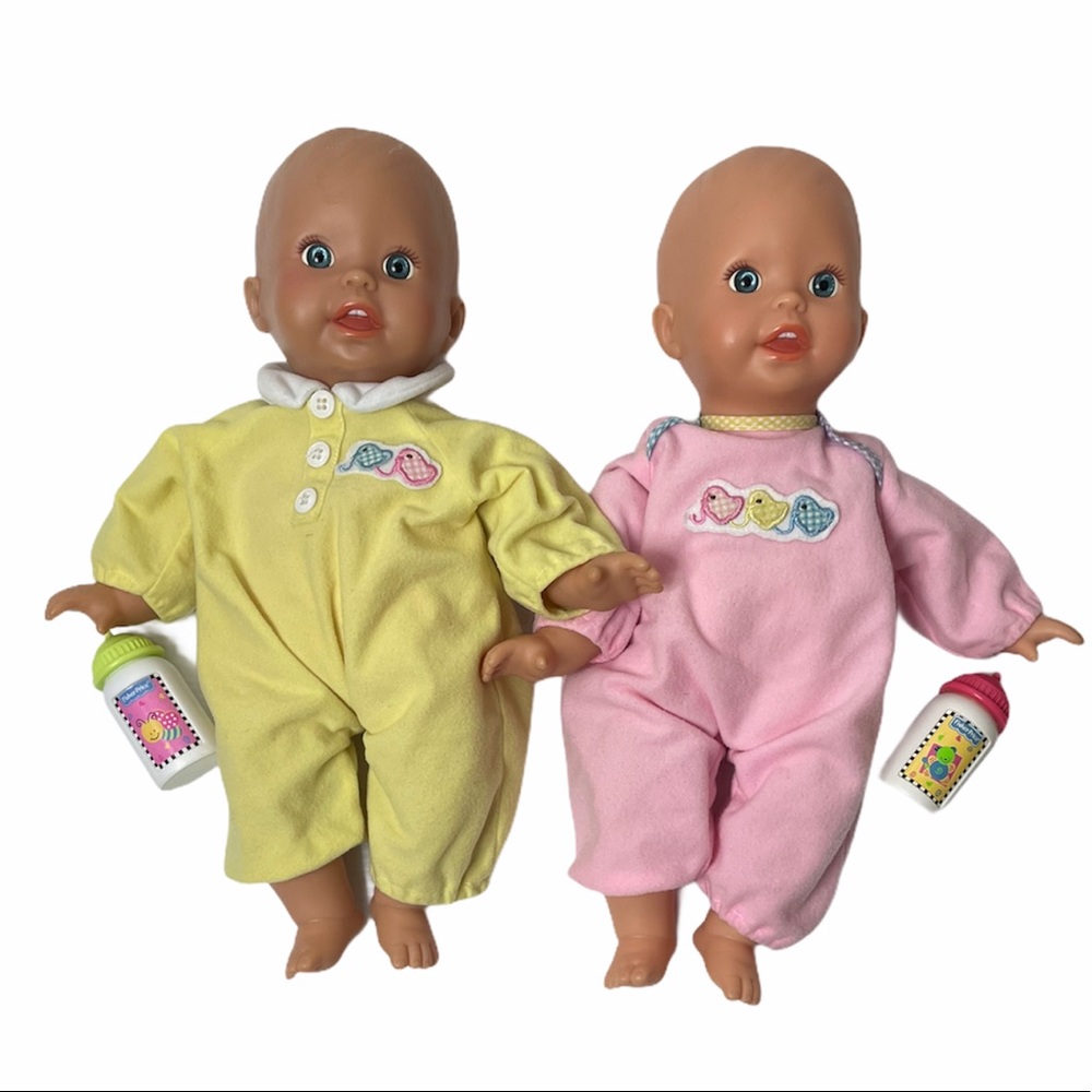 Vintage Fisher Price 90s Y2K Twin Baby Dolls Matching Yellow Pink Outfits Bottle